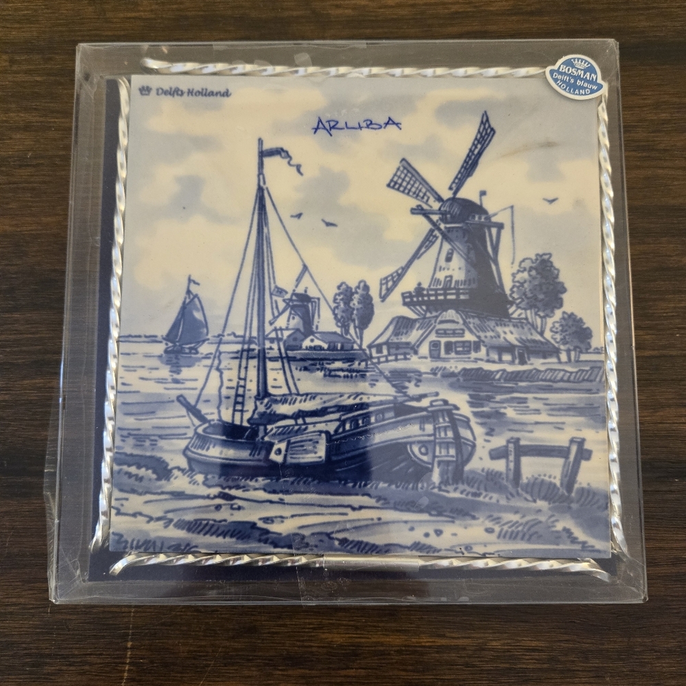 VTG Bosman Delft Holland Blauw Blue Aruba Ceramic Tile Sailing Ocean Nautical